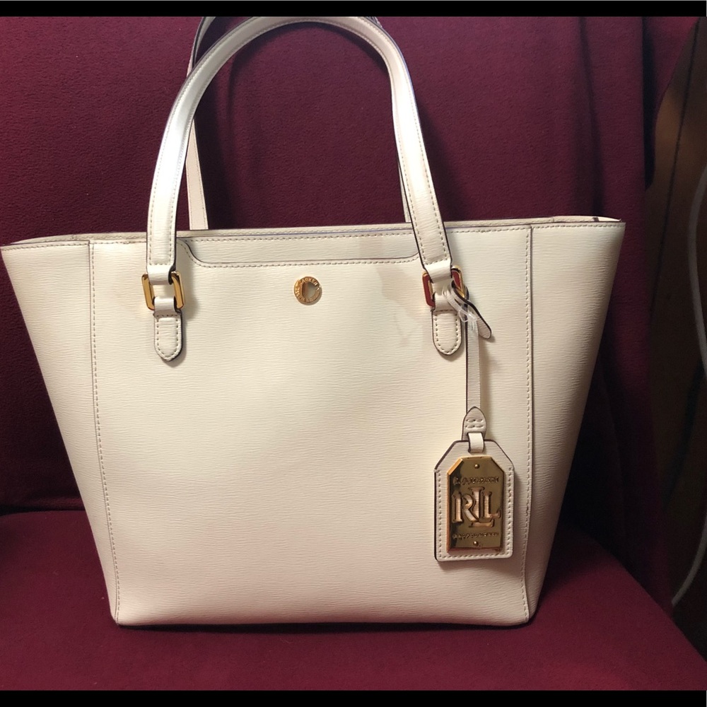Lauren Ralph Lauren white leather tote bag.